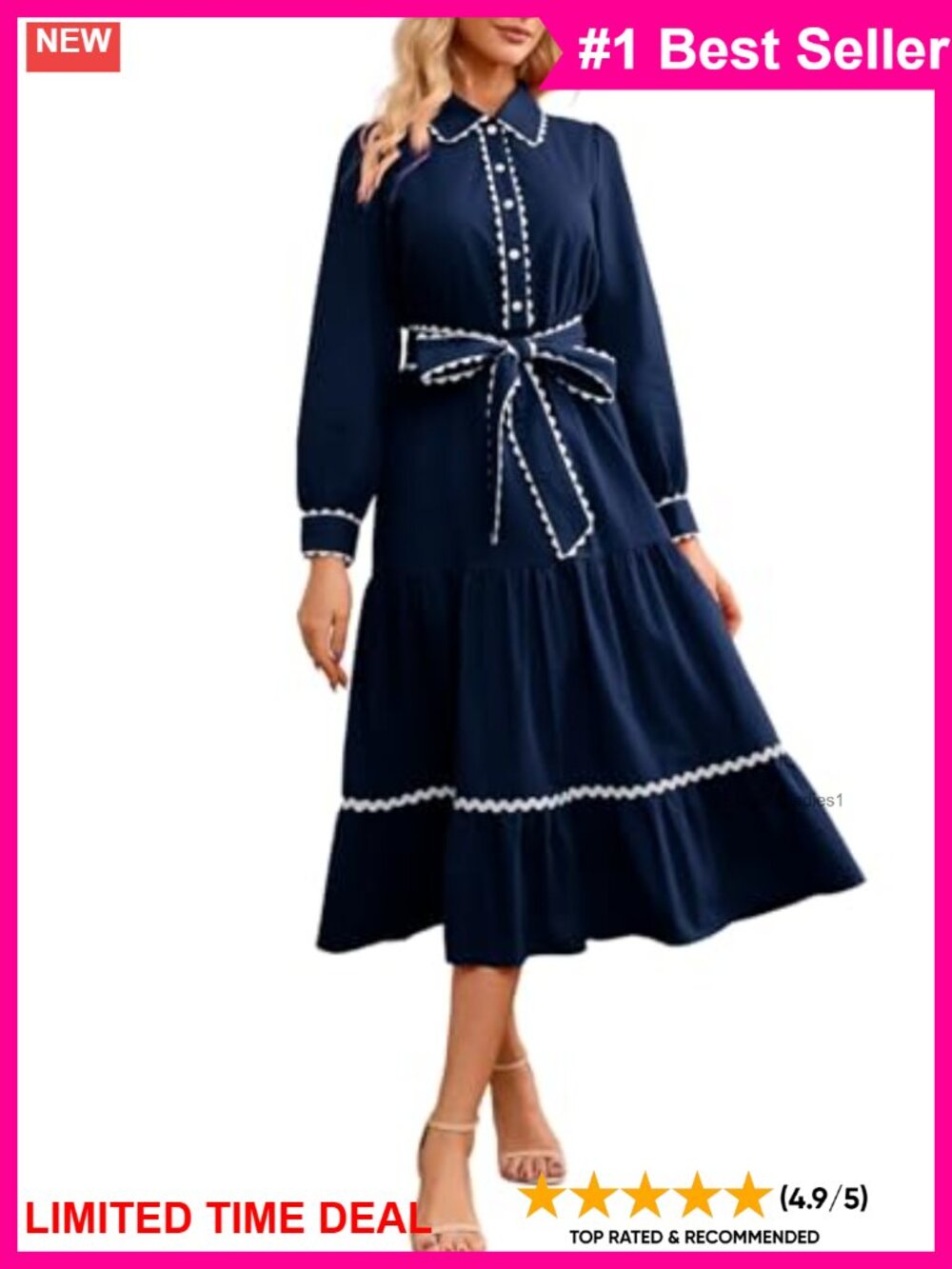 100% Cotton Button Down Belted Tiered Midi Shirt Dress Puff Sleeve Casual